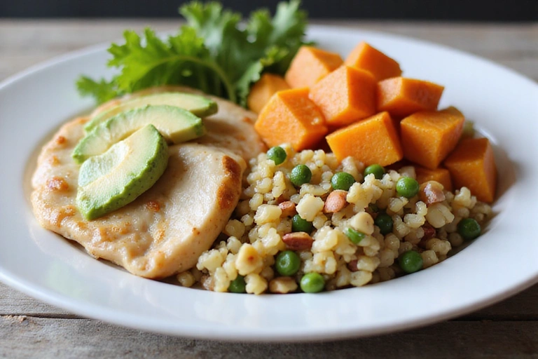 A colorful plate with balanced macronutrients: lean protein, complex carbohydrates, and healthy fats
